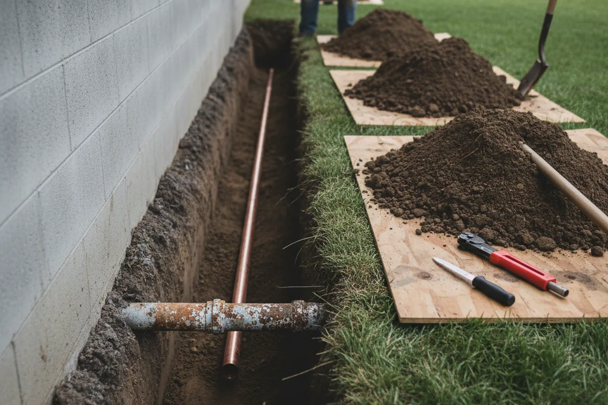 Excavated water line trench during Water Heater Repair in Slick